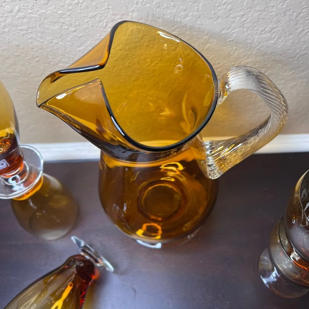 Vintage 1970's Amber Handblown Glass Pitcher & Tumbler Set, Collectible Colored